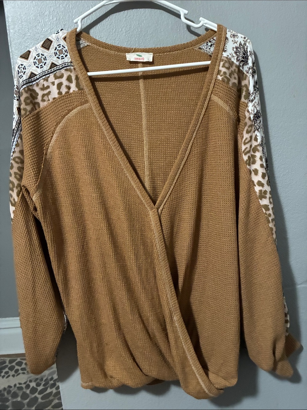 Hummingbird Camel Wrap-Front long sleeve with Printed Shoulder Panels